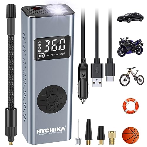 HYCHIKA Tragbarer Luftpumpe 12V 6000mAh Wiederaufladbarer I50PSI Elektrischer Kompresso,Tragbar Fahrradpumpe mit LED-Licht und Umschaltung der Manometereinheit (PSI/BAR/KPA/KG/cm²), 5 Zubehörteile