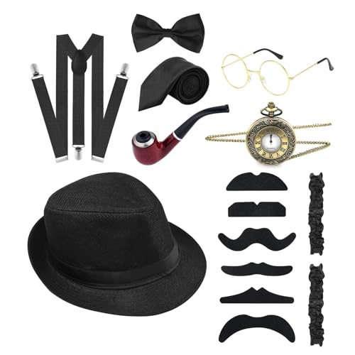 HDKEAN Modisches Gangster-Kostüm, 1920er-Jahre-Kostüm, Outfit mit Taschenuhr, Schnurrbärte, Fliege, Abschlussball, Partyzubehör, Maskeraden, Partyzubehör