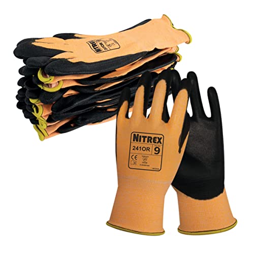 NITREX Unigloves 241OR Wiederverwendbare Handschuhe, geringe Schnittfestigkeit, hygienisch, Geruchskontrolle, PU-Handflächenbeschichtung, orangefarbenes Nylonfutter für bessere Sichtbarkeit,