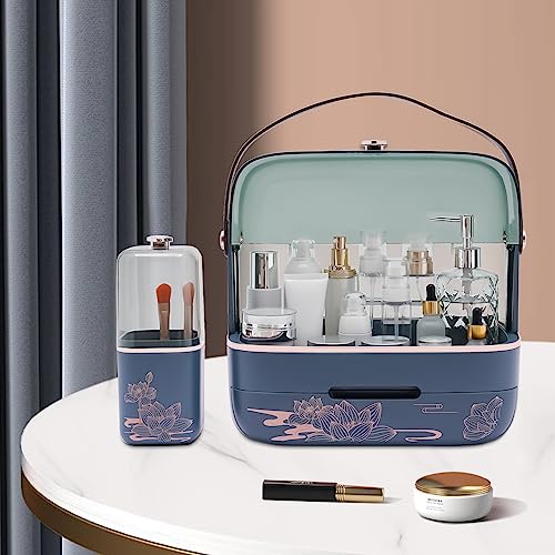 EurHomePlus Stilvolle tragbare Make-up-Organisator Hochflaschen-Kosmetikbox Kosmetische Aufbewahrungsbox mit staubdichtem Deckel Beauty Organiser mit Bürstenhalter (Grün)