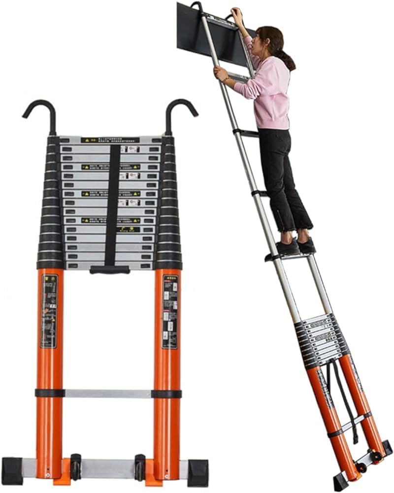 Teleskopleiter 20ft/23,6ft/25ft/26ft Teleskopleiter mit Haken und Stabilisatorstange, Aluminium-Teleskop-Klappleiter für Dach, Wohnmobil, Dachboden, Zuhause, Außenbereich, Tragkraft 150 kg (Größe