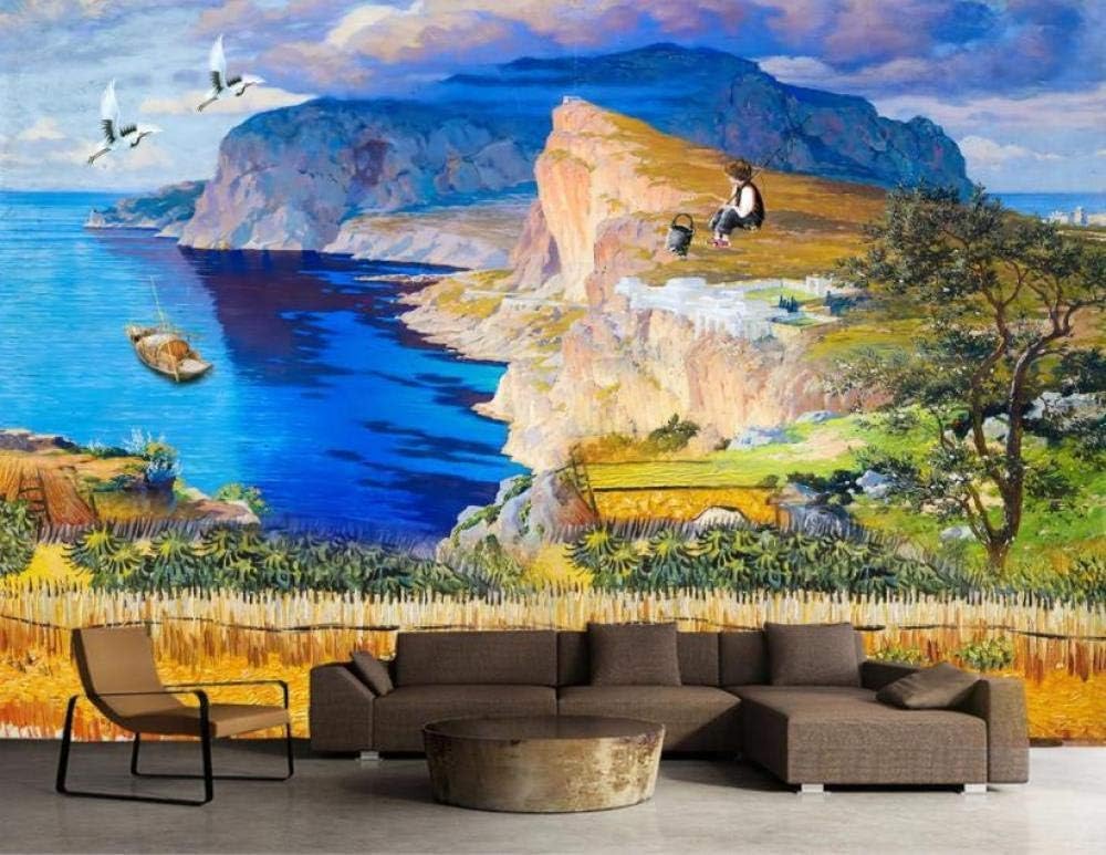 Berg Baum Meer Boot 3D Tapete Poster Restaurant Schlafzimmer Wohnzimmer Sofa TV Dekorative Wand-430cm×300cm