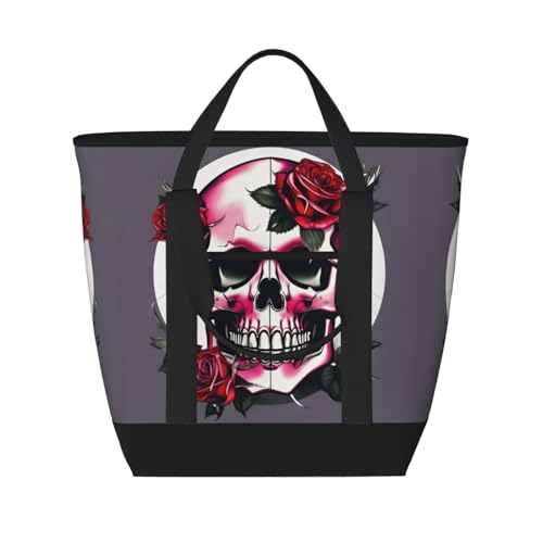 YQxwJL Isolierte Kühltasche mit Rosen-Totenkopf-Aufdruck, große Kapazität, Einkaufstasche, Reisetasche, Strand, wiederverwendbare Einkaufstasche für Erwachsene, Schwarz, Einheitsgröße