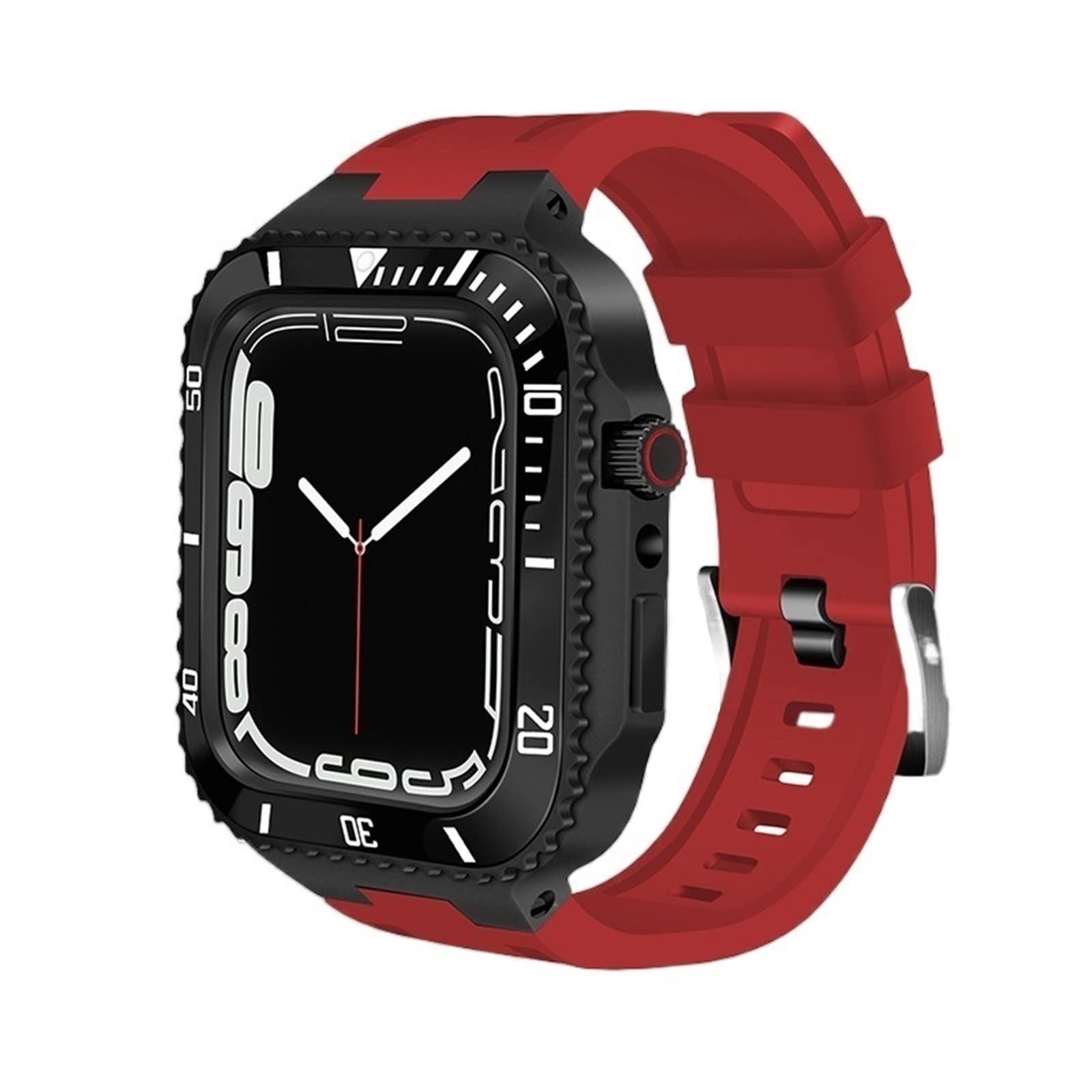 KANUZ Modifikationsset, Metall-Lünettenrahmen für iWatch 8, 7, 6, 5, 4 SE, Stahlband und Gummi-Uhrenarmband für Apple Watch Case Band 7, 45 mm, 44 mm (Farbe: Rot/Schwarz, Größe: 44 mm)