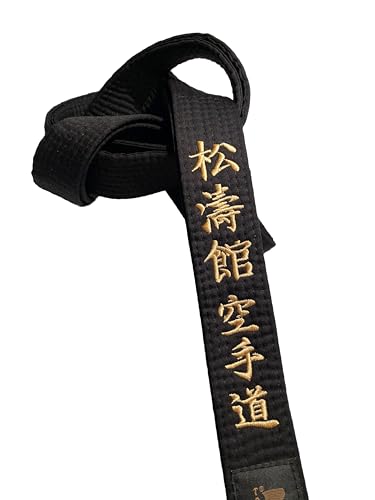 TEKKA BUDO Karategürtel schwarz - Bestickt - Shotokan Karate Do - 260 cm - Schriftzeichen Bestickung Gold - Schwarzgurt Kanji japanisch - Schwarzer Gürtel