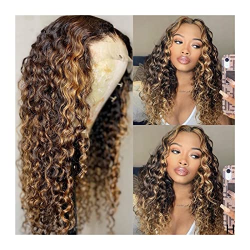 Perücken Deep Curly T Part Lace Front Perücken Highlight Ombré Brasilianisches Echthaar 13 x 6 x 1 Lace Front Perücken for Frauen 8-28 "vorgezupft mit Babyhaar Wellenperücken Damenperücke(Size:150%,Co