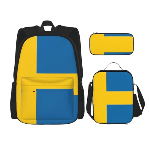 WURTON Schulter-Rucksack mit schwedischer Flagge, 3-in-1, Büchertaschen-Set, Lunchbox, Federmäppchen, Reise-Laptop-Tagesrucksäcke, Schwarz, Einheitsgröße, Schwarz, Einheitsgröße, Schwarz ,