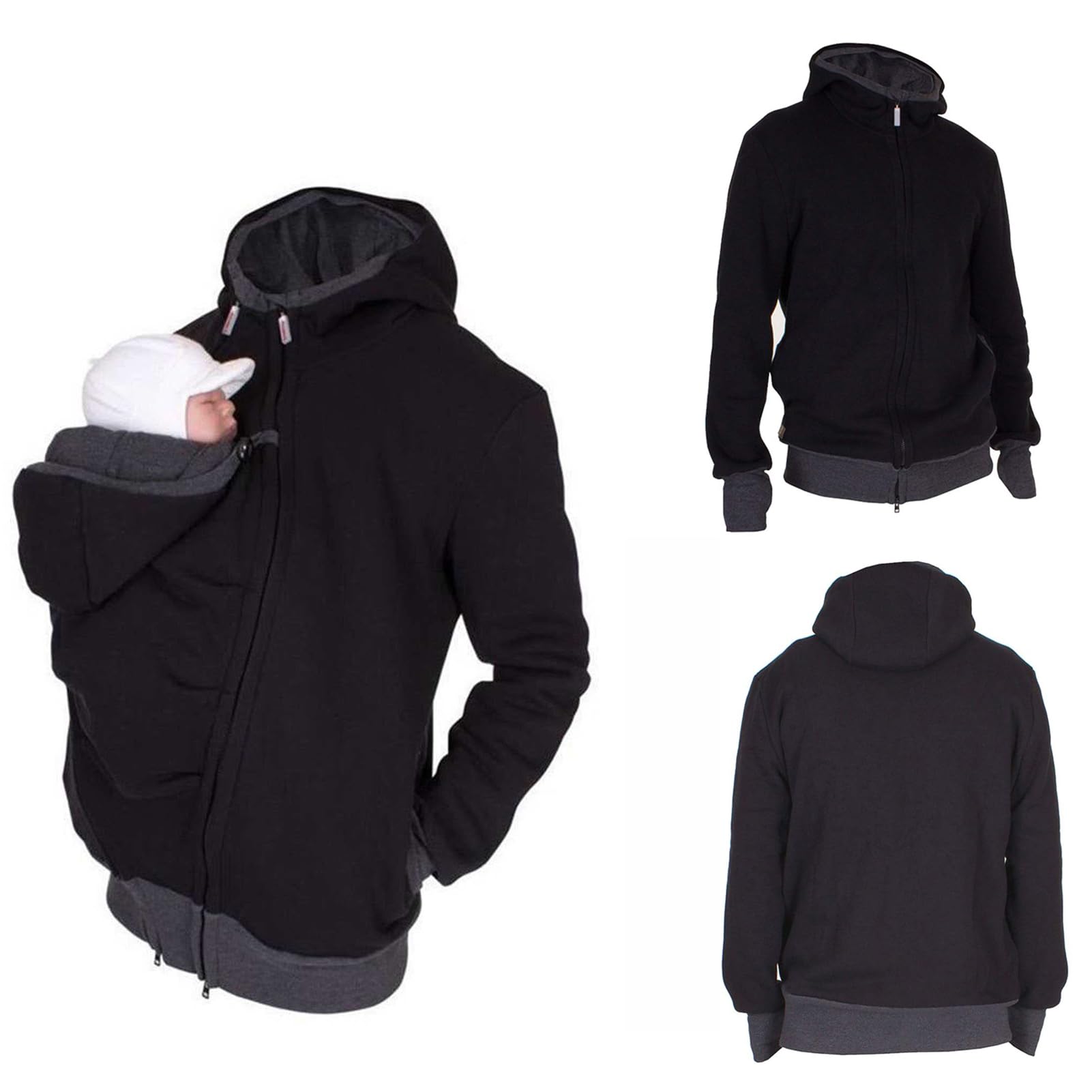 HEGZA 2 in 1 Winter Känguru-Hoodie Langarm-Sweatshirt Freizeitpullover Passend Für, Tragejacke Papa, Känguru Hoodie,Schwarz,XL