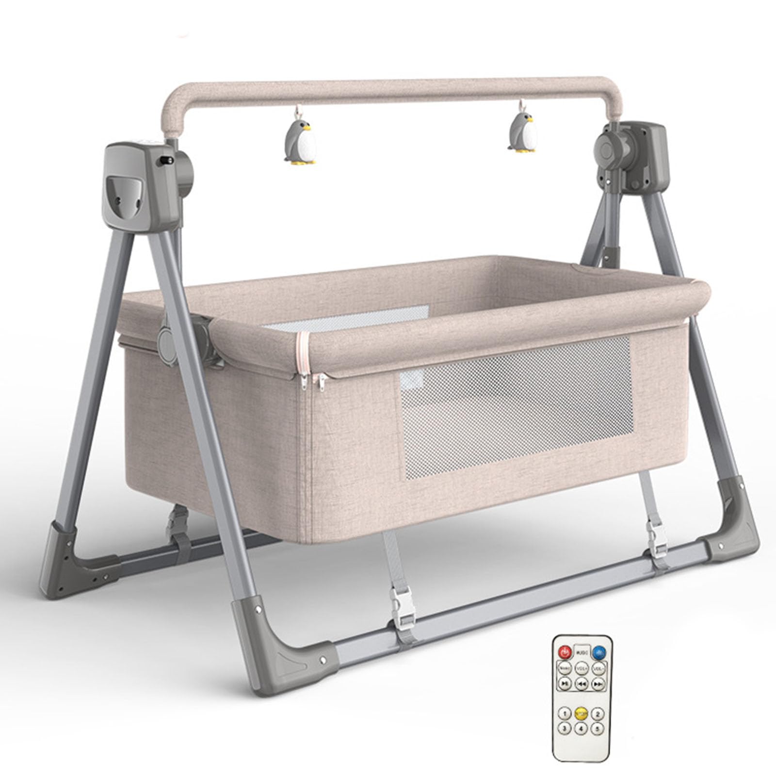 Gvqng 2024 Upgrade Faltbare Babywiege, Musikalisches Kinderbett Mit 5 Geschwindigkeiten + Bluetooth, 5 Schaukelgeschwindigkeiten, KinderwagenaufhäNgung Tierisches Windspiel,Khaki