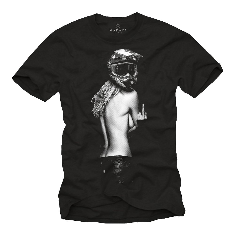 Motorrad T-Shirt Herren - Pin Up Girl mit Motocross Helm - Motorradbekleidung schwarz XL