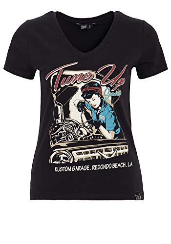 Queen Kerosin Damen Kurzarm T-Shirt V Ausschnitt Tune Up Print Slim Fit Tune Up