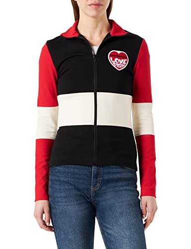 Love Moschino Women's Zippered in Viscose super Stretch Jersey, Customized with Embroidered Storm Knit Effect Heart Patch Jacket, Black White RED, 38