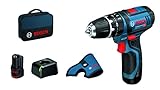 Bosch Professional 12V System Akku-Schlagbohrschrauber GSB 12V-15 (inkl. 2x2.0 Ah Akku, Schnellladegerät GAL 12V-40, Halftertasche, in L-BOXX), Schwarz/Blau/Rot