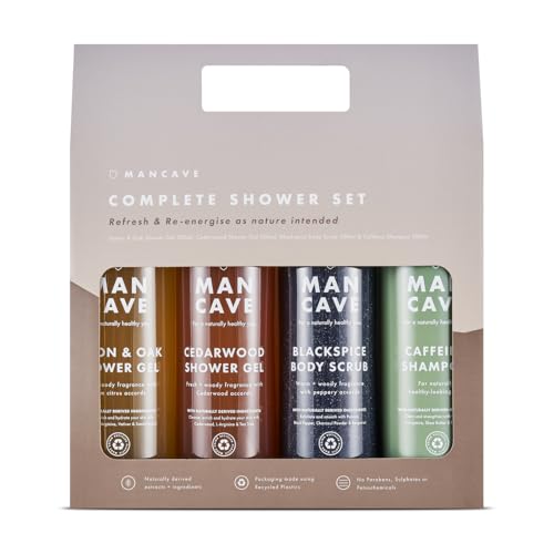 ManCave Komplettes Geschenkset Männer 4-Teilig mit Koffein Shampoo, 2 x Sulfatfreies Duschgel Herren, Blackspice Body Scrub Körperpeeling, Vegan, Tierversuchsfrei, Plastikfreie Außenverpackung