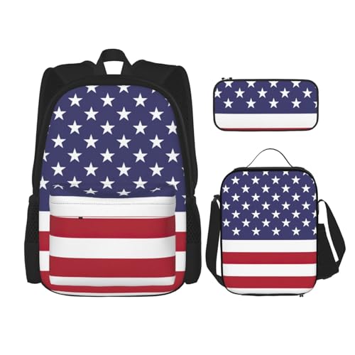 WURTON Rucksack mit amerikanischer Flagge, 3-in-1, Büchertaschen-Set, Lunchbox, Federmäppchen, Reise-Laptop, Tagesrucksack, Schwarz, Einheitsgröße, Schwarz , Einheitsgröße