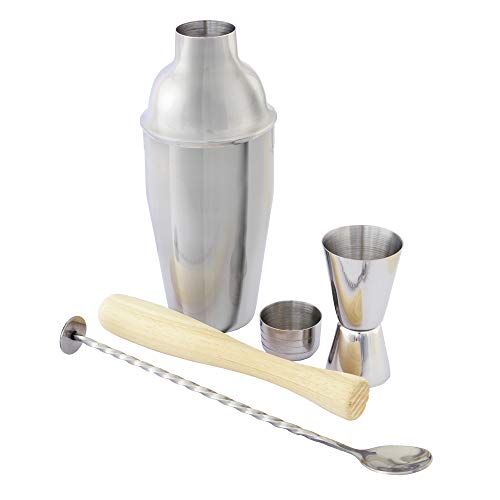 A'Domo PV-COC-9992 Point-Virgule 4-teiliges Bartender Cocktail Shaker Set mit Barlöffel - Barmass - Cobbler Shaker & Cocktail-Stössel, edelstahl, silber