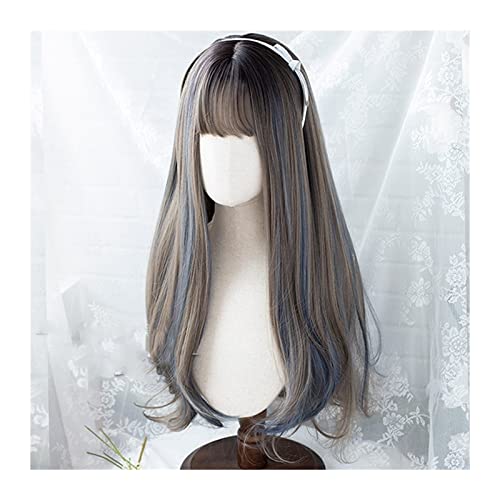 Perücken Lange gerade Perücke mit Pony for Frauen Mädchen braun gemischt blau synthetische Perücke for tägliche Party Cosplay, natürliche hitzebeständige Perücke Damenperücke