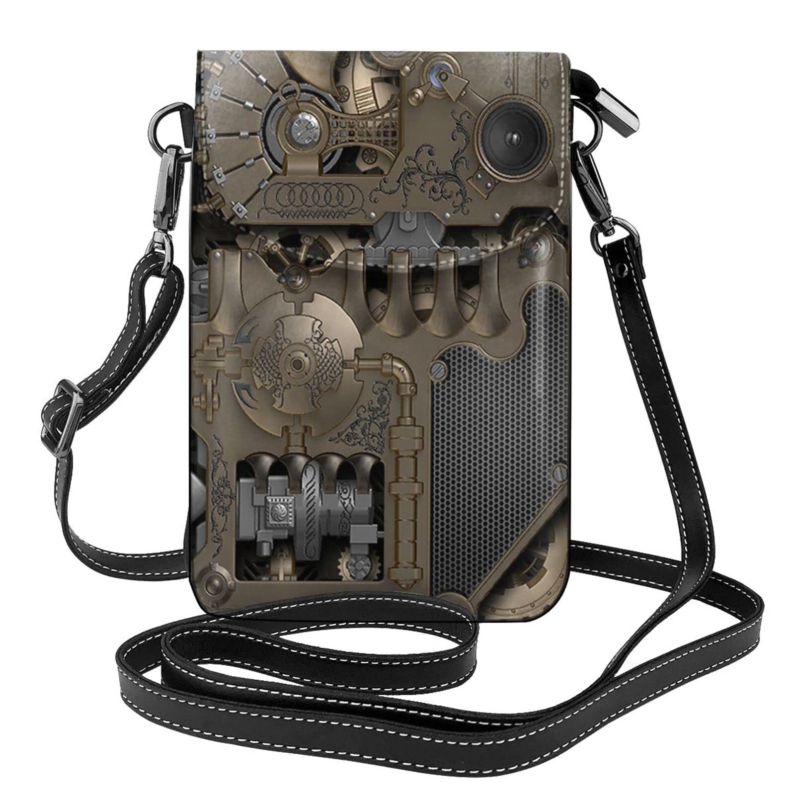 DMORJ Steampunk Mechanische Zahnräder Handy-Geldbörse – kleine Umhängetasche aus Leder für Damen, Schultergurte, Tasche mit Kreditkartenfächern, 19 x 7,3 cm, Schwarz , Einheitsgröße