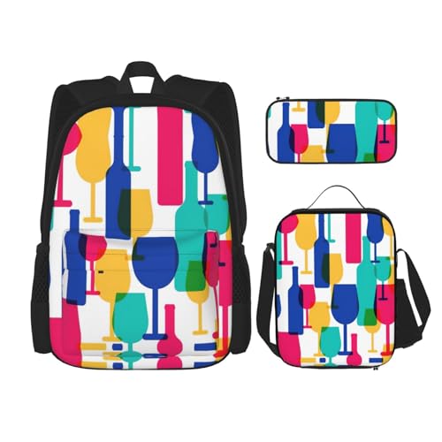 WURTON Cocktailgläser und Weinflaschen bedruckter Schulter-Rucksack, 3-in-1-Büchertaschen-Set, Lunchbox, Federmäppchen, Reise-Laptop-Tagesrucksäcke