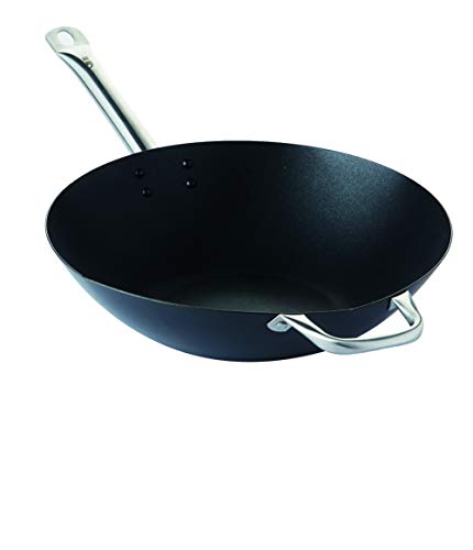 Point-Virgule Wok Pfanne mit Antihaft Beschichtung und Edelstahlgriff für Wok-Grillgerichte zu bereiten, auch für Induktion geeignet, Ø 36CM, Schwarz