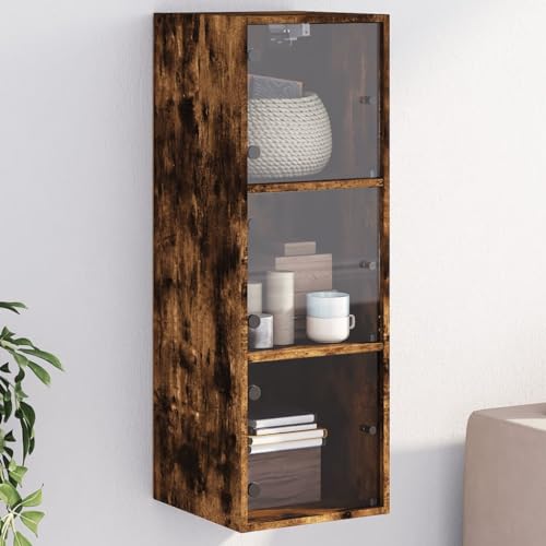 KLYEON Wandschrank mit Glastüren Räuchereiche 35x37x100 cm,Schwebender Hängeschrank mit Glasfronten für mehr Stauraum und Design Aufbewahrungsschränke & Schließfächer