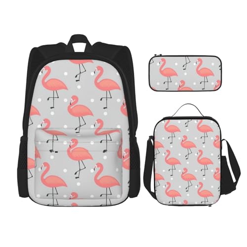 WURTON Rucksack mit Flamingo-Druck, 3-in-1, Büchertasche, Set mit Lunchbox, Federmäppchen, Reise, Laptop, Tagesrucksack