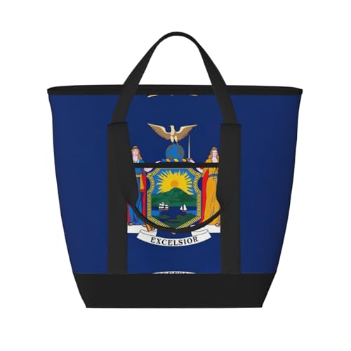 YQxwJL Isolierte Kühltasche, Einkaufstasche, Einkaufstasche, Motiv: New York, Staatsflagge, großes Fassungsvermögen, wiederverwendbar, für Erwachsene, Schwarz, Einheitsgröße