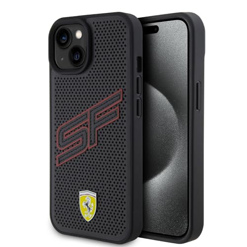 CG MOBILE Ferrari Handyhülle Kompatibel mit iPhone 15 Zoll Schwarz Perforiert Big SF PU Leder Anti-Scratch, Glatte Schutzhülle mit Easy Snap-on, Stoßdämpfung & Signature Logo