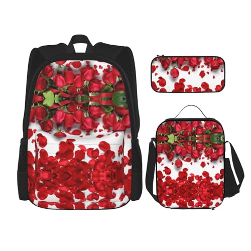 WURTON Reise-Lunchbox, Federmäppchen, Rucksack-Set, 3-teilig, verstellbare Riemen, leicht, mit roten Rosenblättern, Schwarz, Einheitsgröße