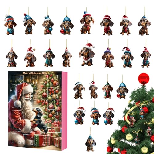 Weihnachtsbaumschmuck-Adventskalender, Weihnachts-Adventskalender 2024 mit Hund - 2D-Countdown-Kalender mit Dackel-Anhänger aus Acryl - Weihnachtsbaumdekoration 2024 Weihnachten 24 Tage Countdown