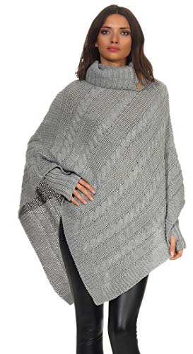 Mississhop Poncho Cape Strick Sweatshirt Pullover Umhang Überwurf mit Stulpen 3012 Grau