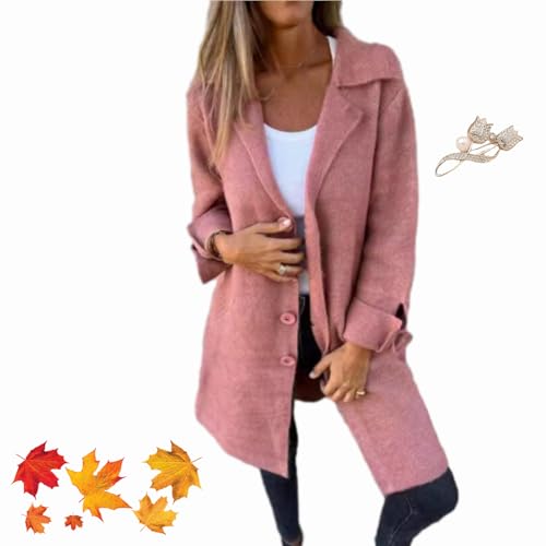 WINDEHAO Lässiger Revers Einreiher Langer Mantel 2024 Damen Vintage Revers Kragen Mantel Mid-Long Casual Pea Coat Trenchcoats für Frauen