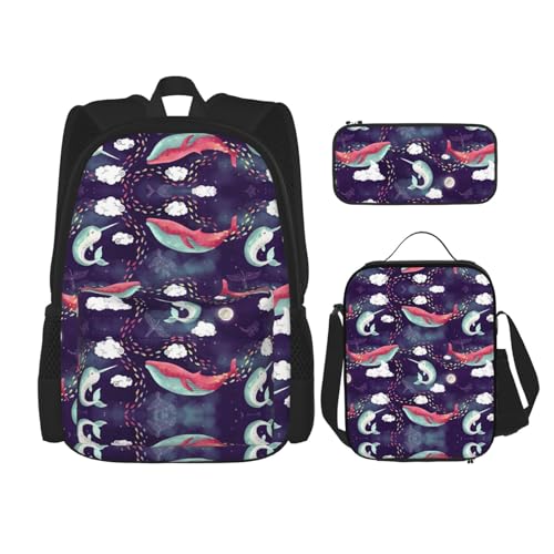 WURTON Schulrucksack-Set mit Wal-Druck, 3-in-1-Büchertaschen-Set mit Lunchbox, Federmäppchen, Reise-Laptop, Tagesrucksäcke