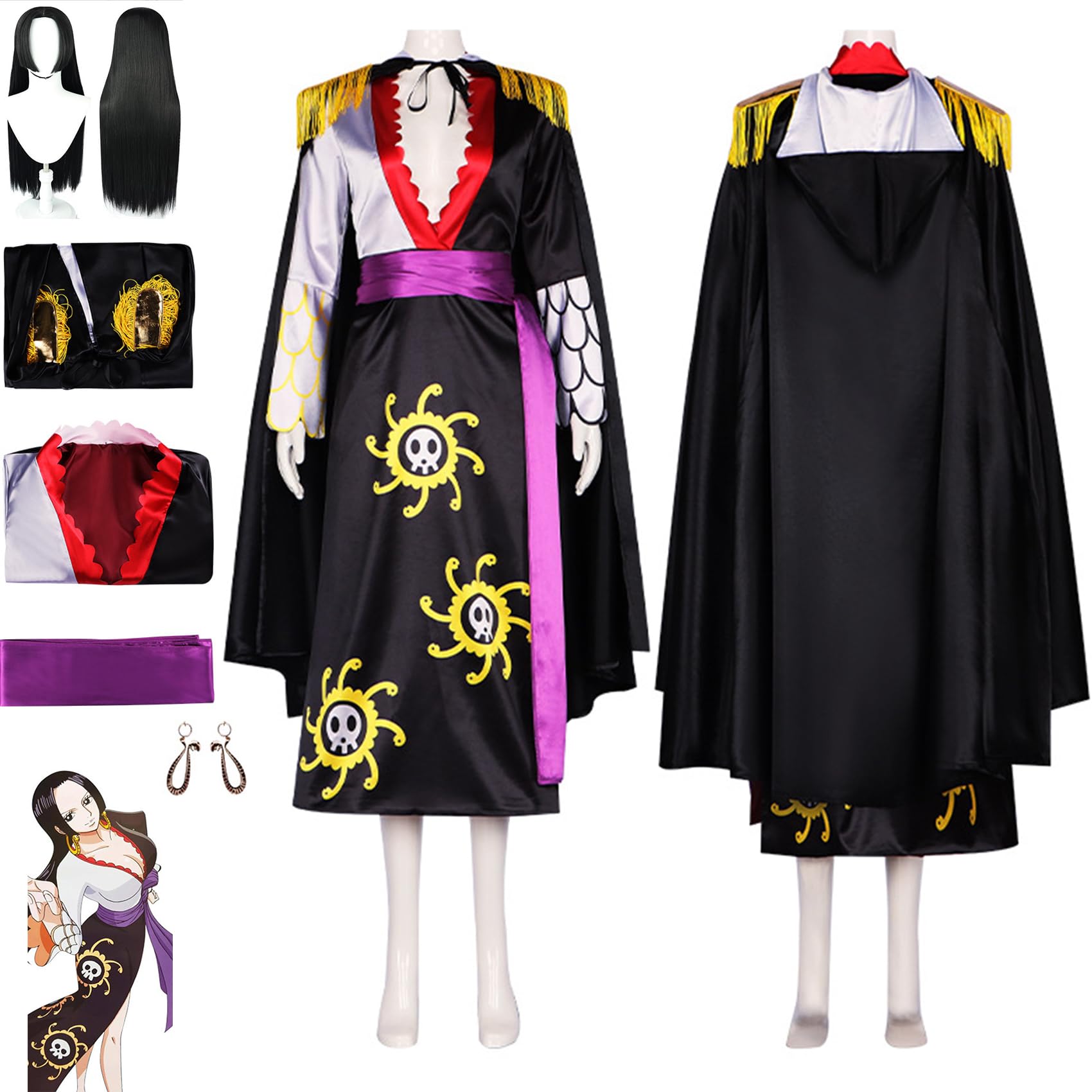 RUIZE Anime Boa Hancock Cosplay-Kostüm mit Perücken-Ohrringen, schwarzer Uniform-Bademantel, Umhang, komplettes Set, für Damen und Mädchen, Halloween, Schwarz, Größe XL