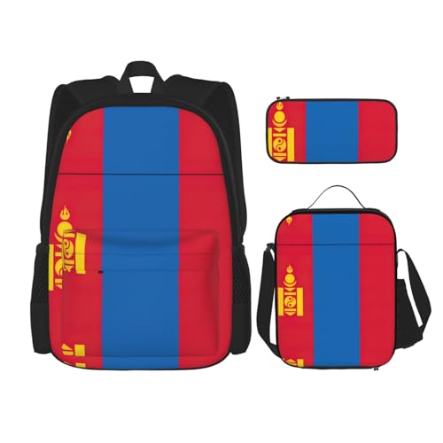 WURTON Lunchbox mit mongolischer Flagge, Federmäppchen, Rucksack-Set, 3-teilig, verstellbare Riemen, langlebig, leicht, Schwarz, One Size