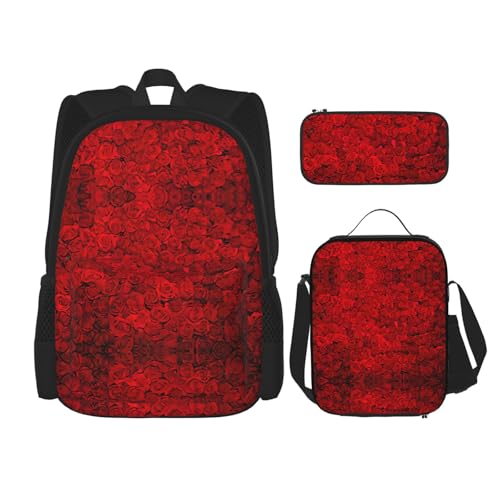 WURTON Rote Rose 1 bedruckte trendige Rucksacktaschen Lunchbox und Federmäppchen 3-in-1 verstellbares Rucksack-Set, Schwarz , Einheitsgröße