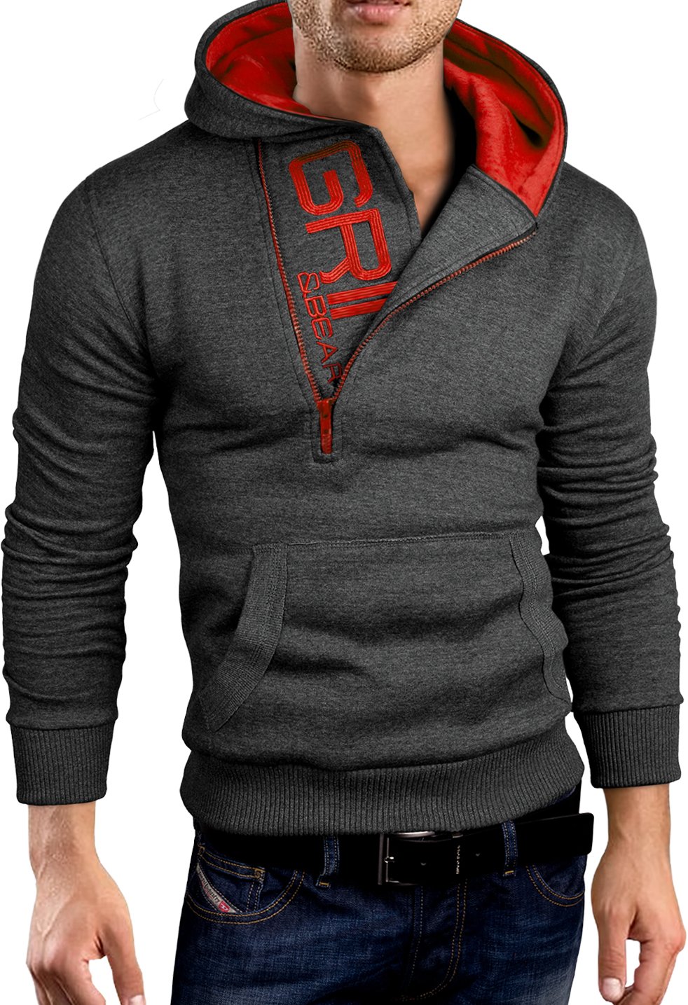 Grin&Bear Slim fit Halfzip Jacke Kapuze Hoodie Sweatshirt Kapuzenpullover, anthrazit-rot, XL, GEC401