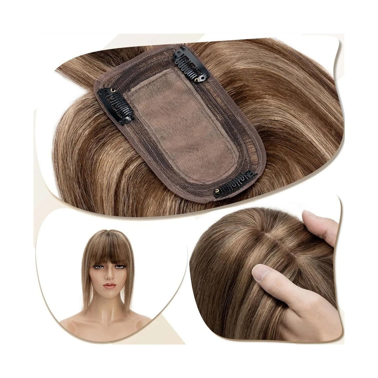 Haartopper für Frauen Damen-Topper, Mittelteil, Haaraufsätze mit Pony, glattes Haar, Perücken, natürliches indisches Echthaar, 7 x 12,5 cm, Topper auf Seidenbasis, Clip-in-Haarverlängerung Haarteil To