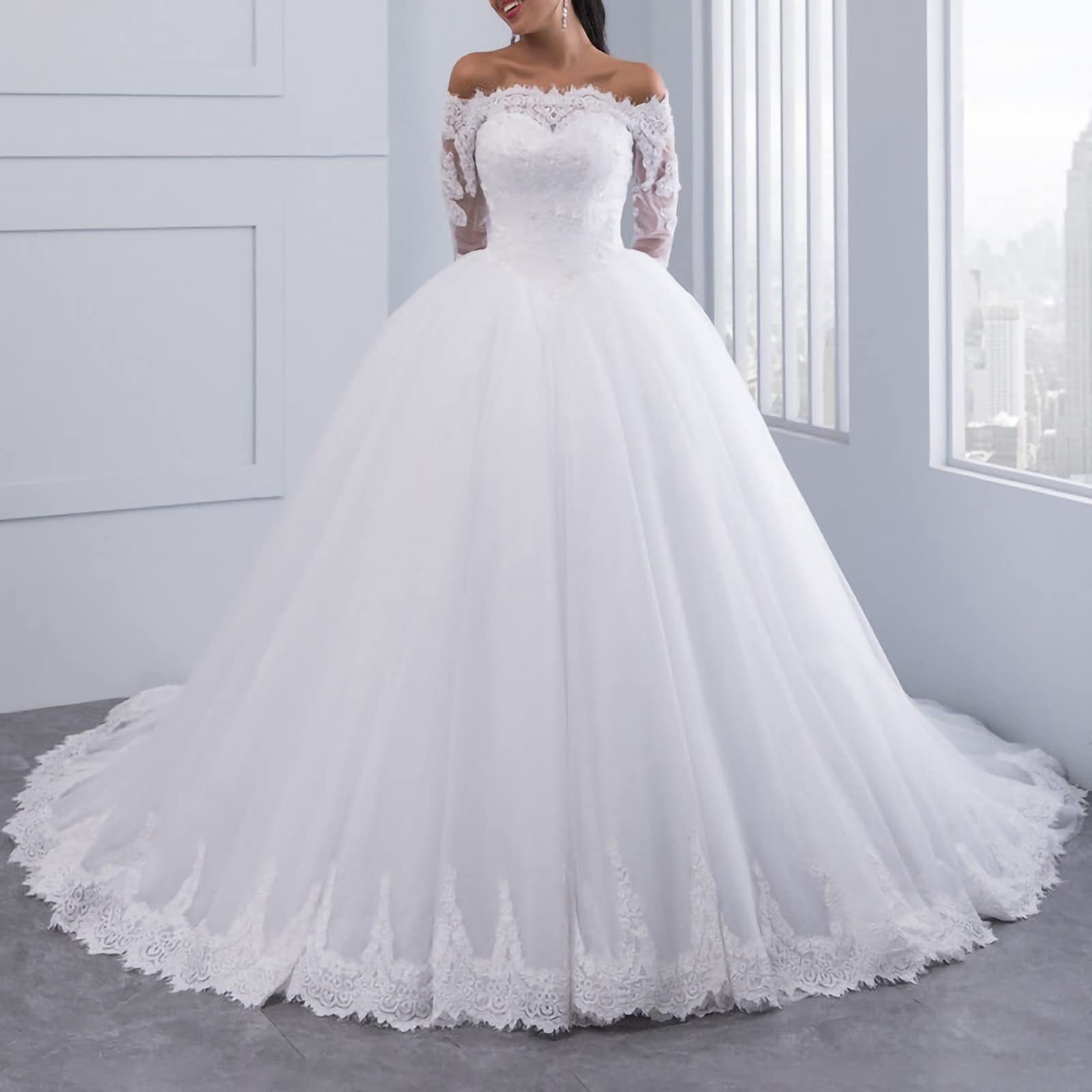 ESBANT Hochzeitskleider für Lange Ärmel von Schulter Eine Linie Plus Size Lace Applique Brautkleid mit Zug Weiß 42, Weiss, Plus 44