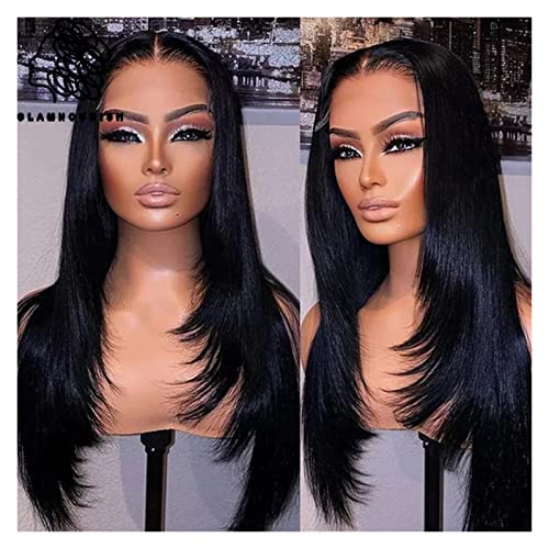 Perücken Inner Buckle Straight Lace Front Echthaarperücken 180 Dichte geschichtete Perücke Echthaar for schwarze Frauen vorgezupft schwarz Damenperücke(Size:Side Part Lace Wig,Color:18 inch)