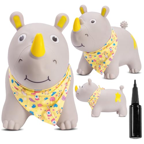 sun baby Hüpftiere ab 1 Jahr mit Pumpe aufblasbares Hüpfspielzeug aus Hochwertigem und Strapazierfähigem Gummi, Verschiedene Designs (Graues Nashorn mit Bandana)