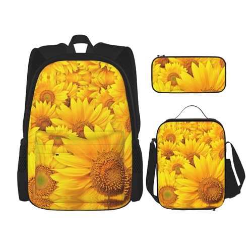 WURTON Viele Sonnenblumen-Drucke, verstellbare Schultergurte, Rucksack-Set, Lunch-Tasche, Federmäppchen, Kombinationstaschen-Set