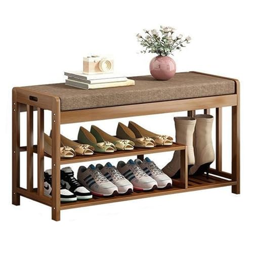 Platzsparender Schuhschrank Schuhbank, braunes Schuh-Organizer-Regal mit offenem Stauraum und mit Leinen gepolstertem Sitz, for Eingangsbereich, Flur, Wohnzimmer, Schlafzimmer Schuhaufbewahrung