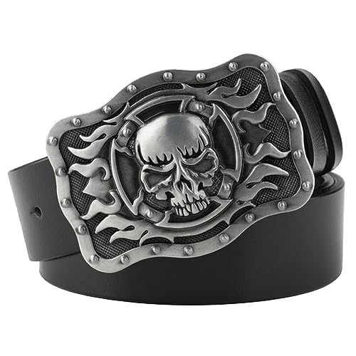 VOIV Gürtel Totenkopf Schnalle Cowskin Ledergürtel Crossbones Skelett Reggae Heavy Metal Rock Deko, Flammenschädel, 115 cm