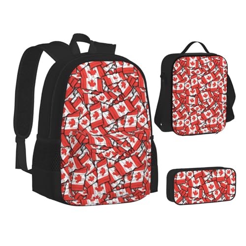 WURTON Rucksack für Teenager, Motiv: kanadische Flagge, 3-in-1 (Federmäppchen + Schultasche + Lunchtasche)