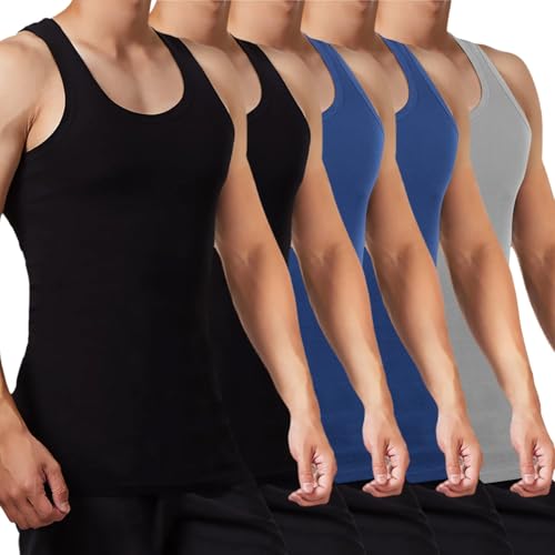 FALARY Unterhemd Herren Tank Top 5er Pack gekämmte Feinripp Baumwolle, 2 Schwarz 2 Marine 1 Grau, XL