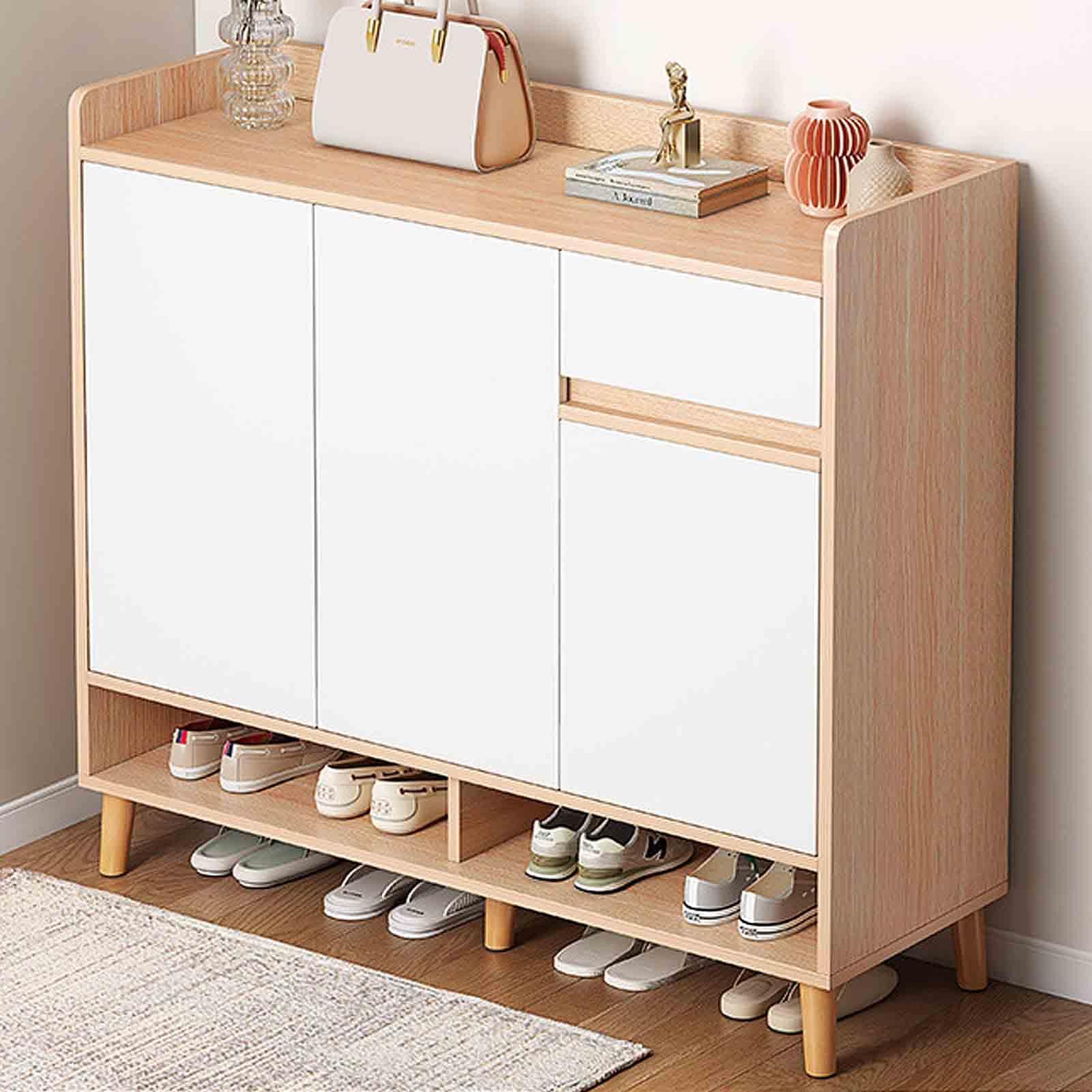 YIHANSS Schuhregal, weißer Schuhschrank mit 2 Türen und 1 Schublade – Organizer-Ständer für den Flur – Schuh-Sideboard für den Eingangsbereich (Holzfarbe, 120 x 32 x 100 cm)