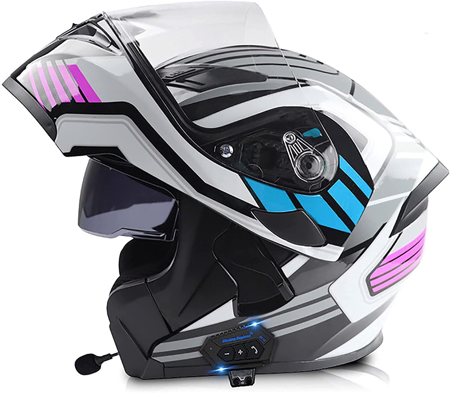 Motorradhelm Herren Mit Bluetooth Klapphelm Integralhelm Fullface Helm Motorrad,DOT/ECE Zertifiziert Rollerhelm Sturzhelm Mit Doppelvisier Sonnenblende Für Damen Erwachsene