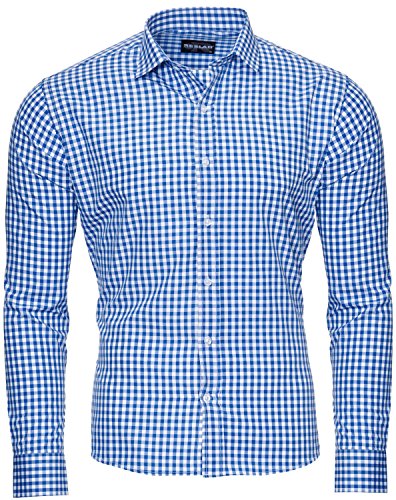 Reslad Herren Hemd Slim Fit Freizeithemd Tracht Oktoberfest Herren Blaues Oberhemd Kariertes Trachtenhemd Jungs RS-7007 Blau XXL