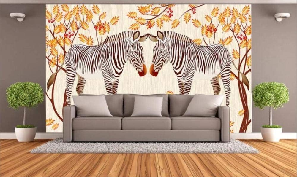 Süßes Paar Zebra Golden Leaf 3D Tapete Poster Restaurant Schlafzimmer Wohnzimmer Sofa TV Dekorative Wand-300cm×210cm